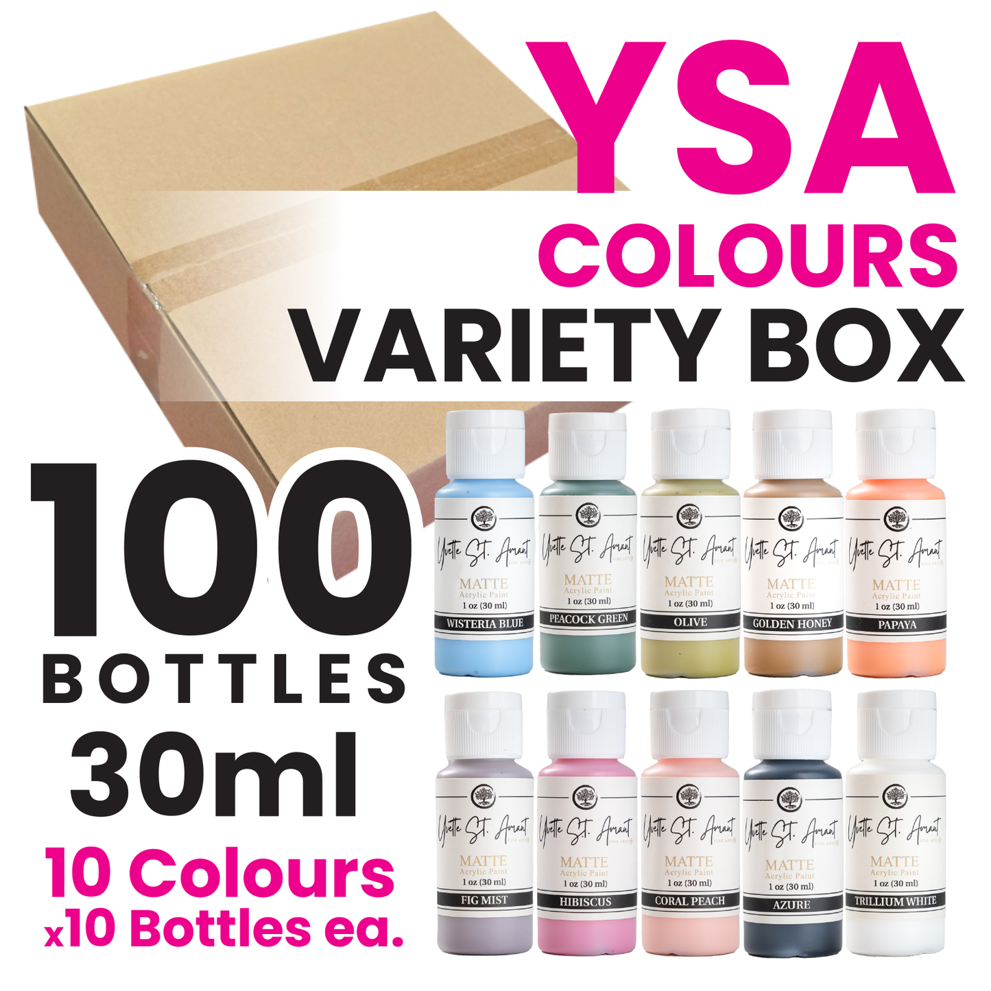 CLEARANCE - YSA COLOURS VARIETY BOX - ACRYLIC PAINTS - 30ml - CASE of 100