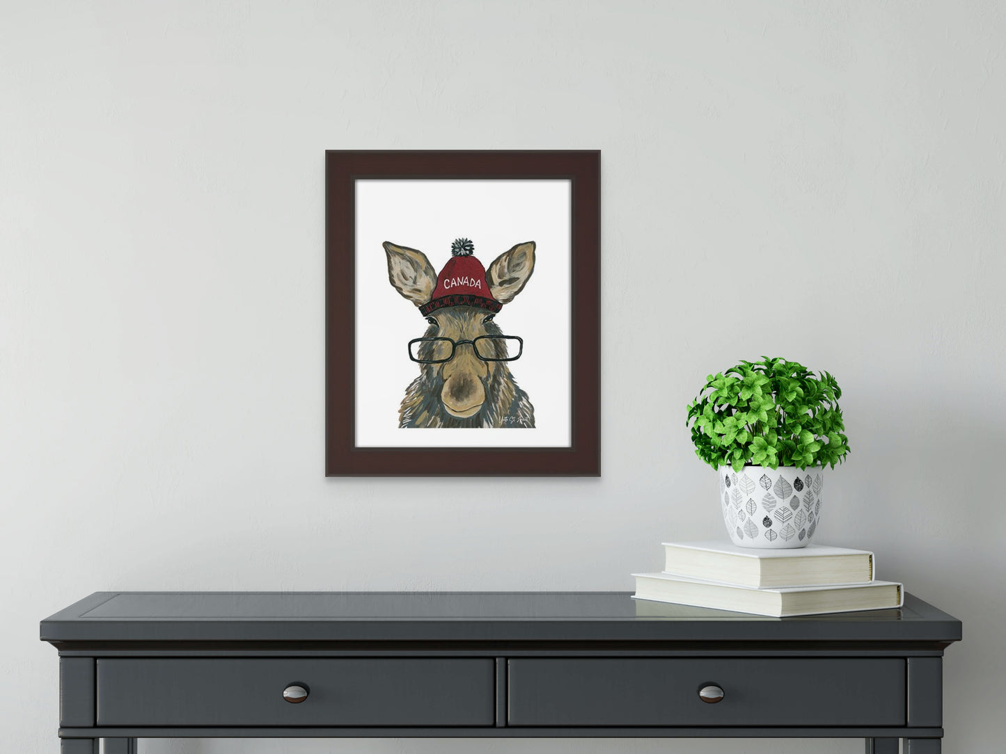 Quirky Animals - Moose w/Toque Glasses Print by Yvette St. Amant (White Border)