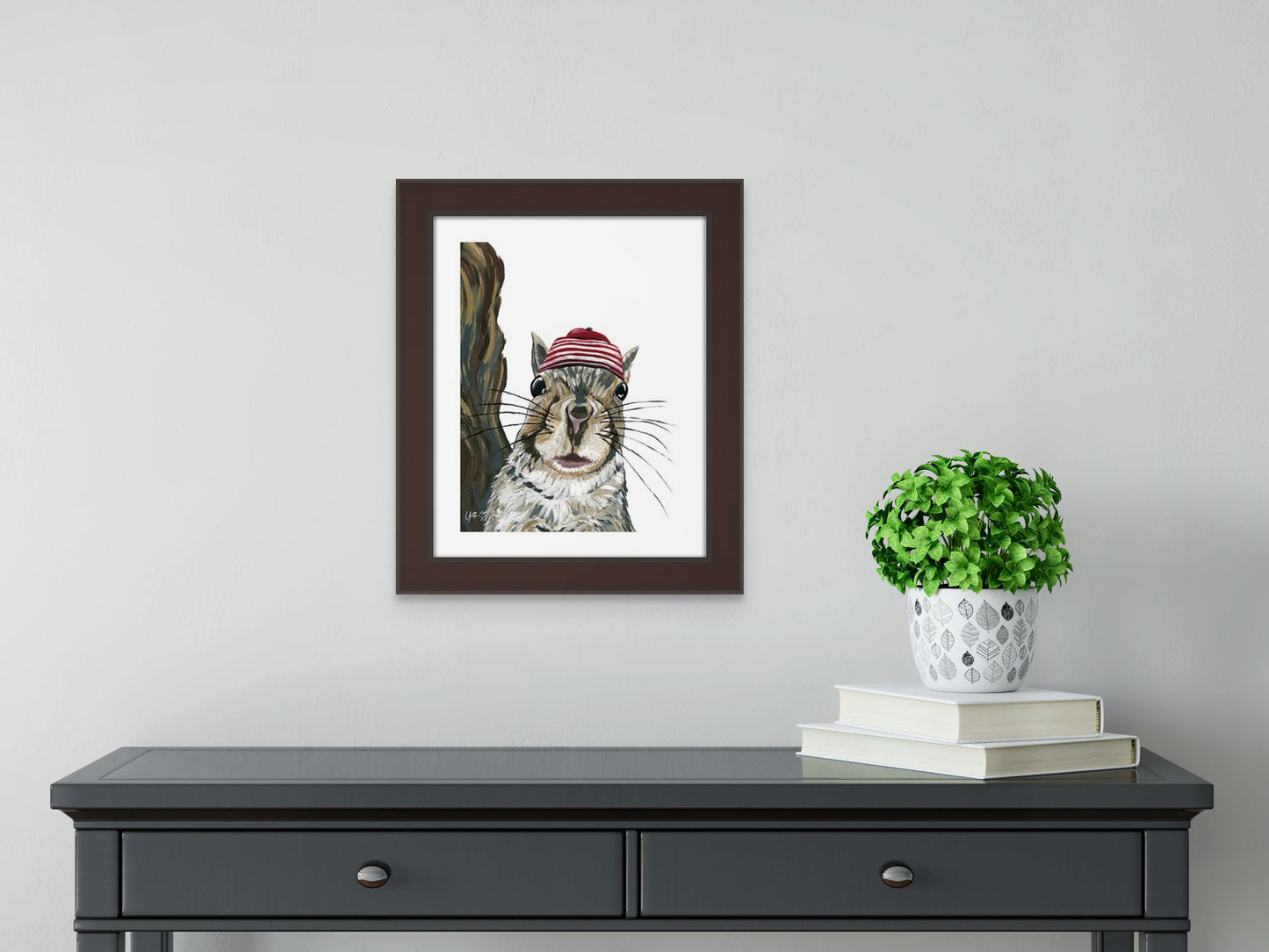 Quirky Animals - Squirrel Red Hat Print by Yvette St. Amant (White Border)