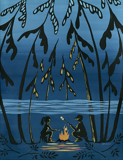 Roasting Marshmallows Print by Yvette St.Amant (White Border)