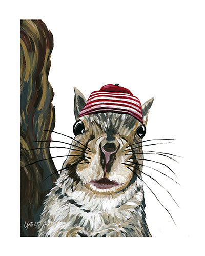 Quirky Animals - Squirrel Red Hat Print by Yvette St. Amant (White Border)