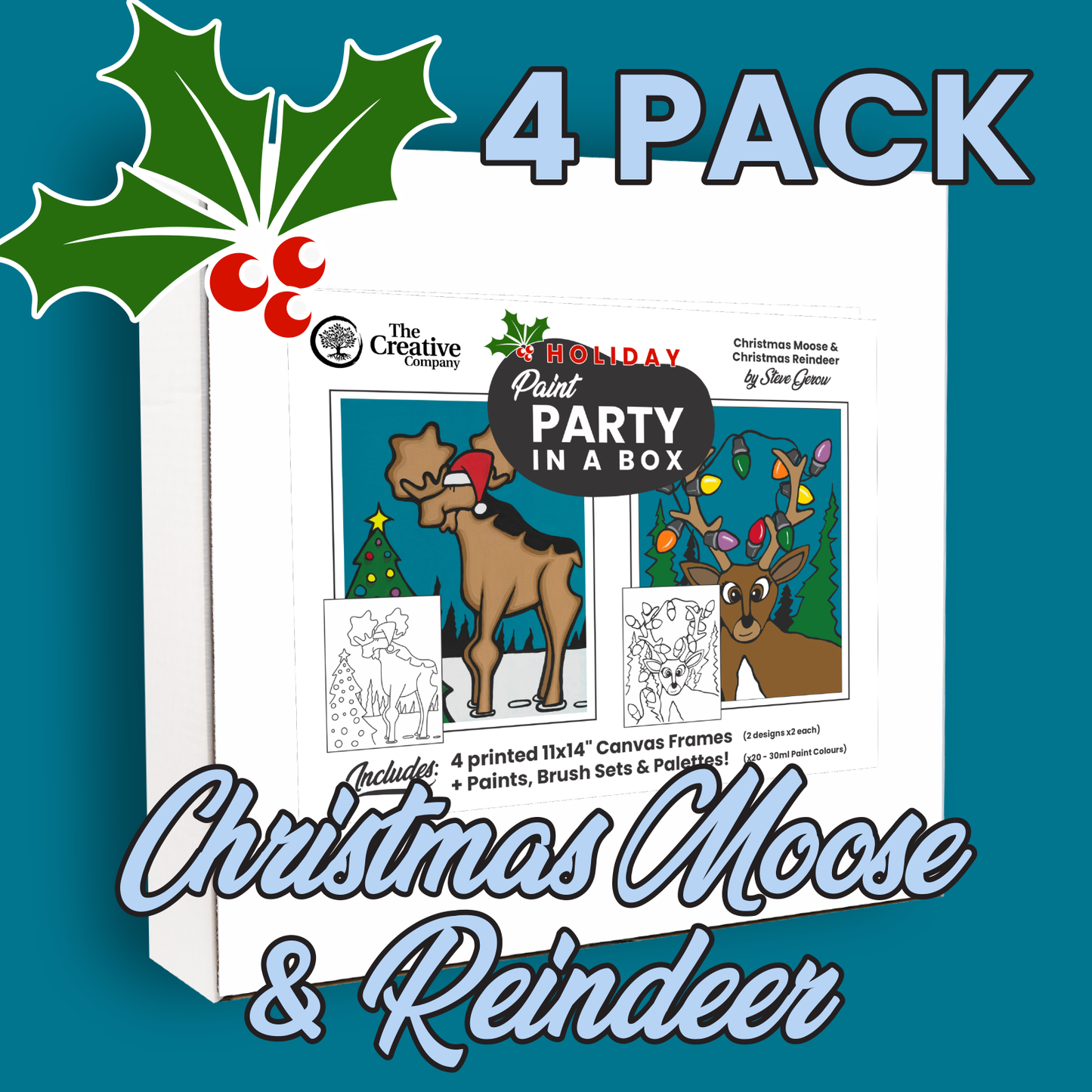 4 PACK Christmas Moose & Reindeer by Steve Gerow - Paint Party in a Box