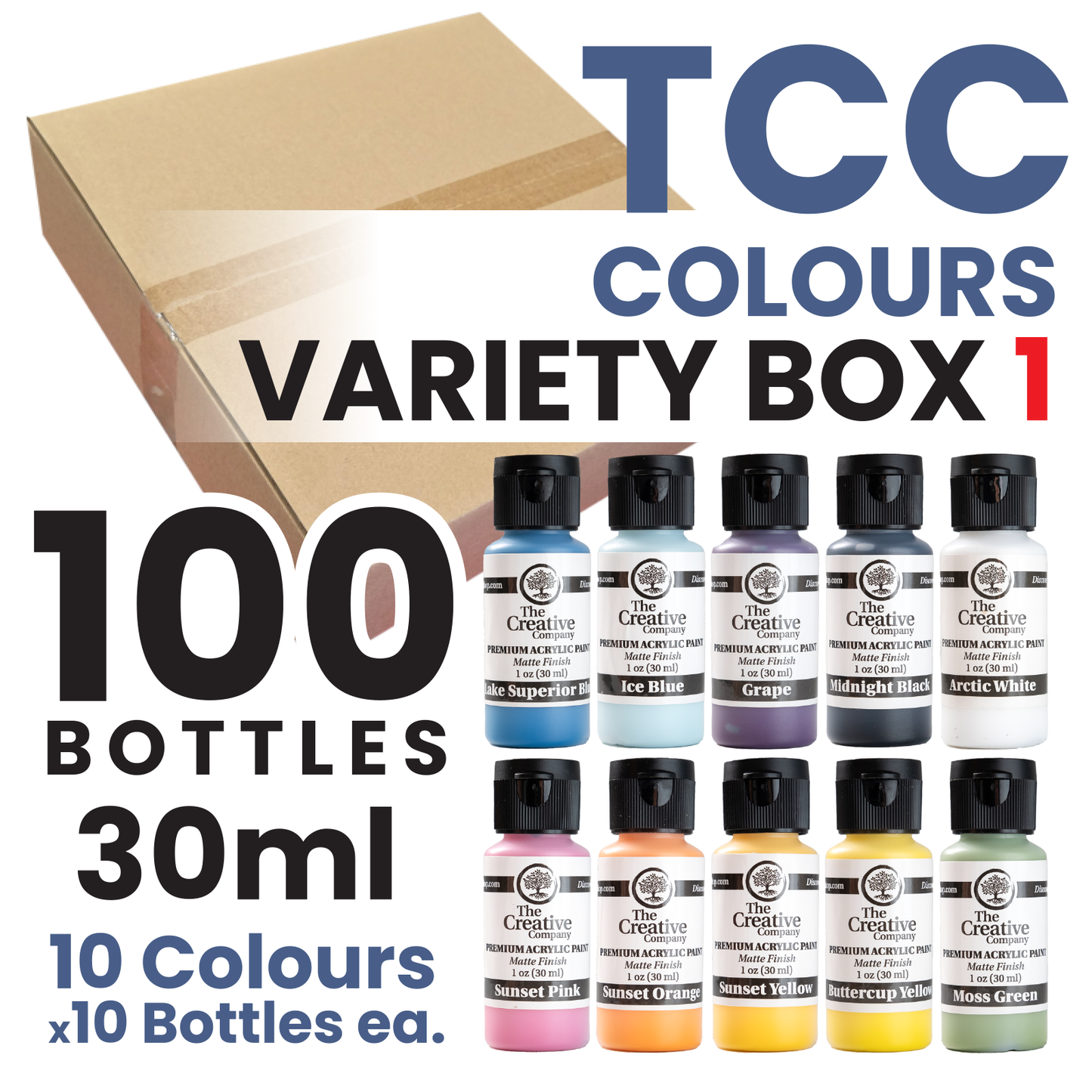 CLEARANCE - TCC COLOURS VARIETY BOX 1 - ACRYLIC PAINTS - 30ml - CASE of 100