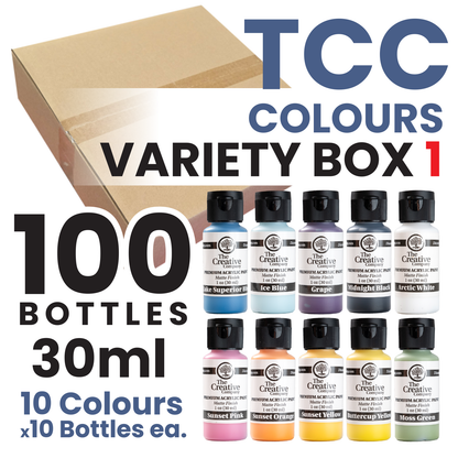 CLEARANCE - TCC COLOURS VARIETY BOX 1 - ACRYLIC PAINTS - 30ml - CASE of 100