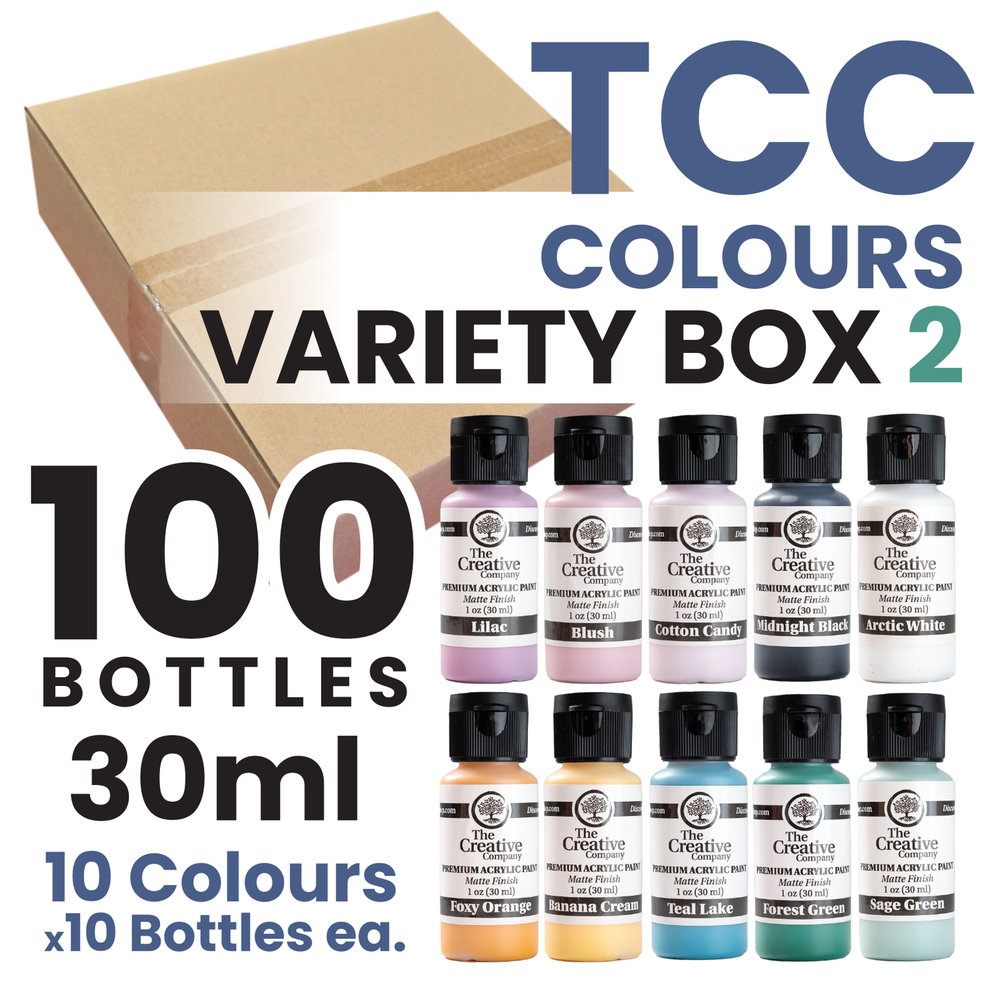 CLEARANCE - TCC COLOURS VARIETY BOX 2 - ACRYLIC PAINTS - 30ml - CASE of 100