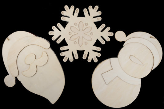 Christmas Ornaments - Large 1 - Wood - Paintable - Collection of 3