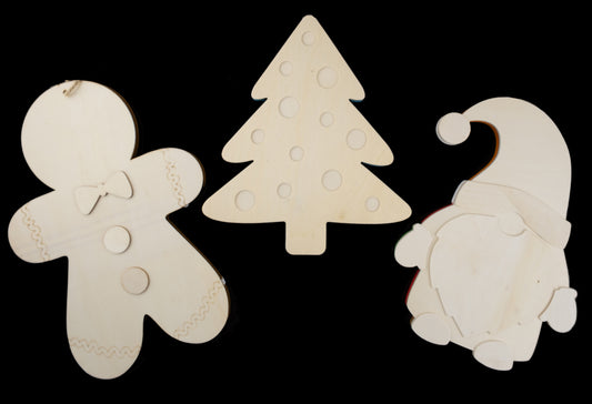 Christmas Ornaments - Large 2 - Wood - Paintable - Collection of 3